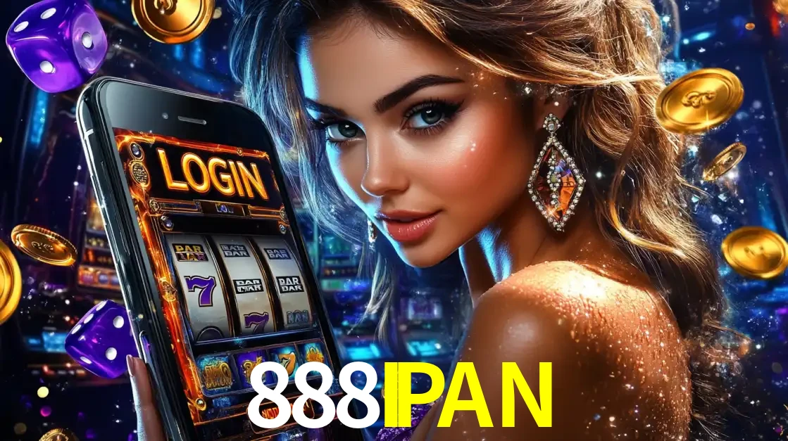 Mulher glamorosa segurando um smartphone com a tela de login para os jogos de caça-níqueis do cassino online 888IPAN, com moedas de ouro e dados ao redor.