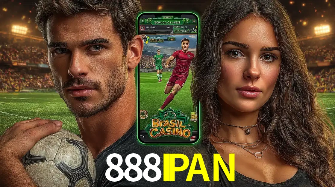 Homem segurando uma bola de futebol e uma mulher ao lado de um smartphone exibindo o jogo de apostas esportivas da 888IPAN. Faça seu palpite no cassino online.